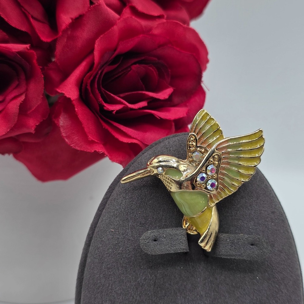 Hummingbird Enamel Rhinestone Brooch Pin Gold Tone Fashion Jewelry Beautiful